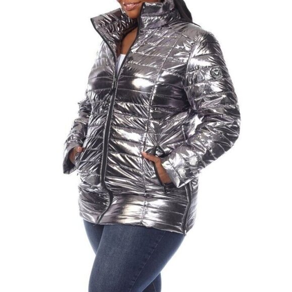 WHITE MARK Women's Plus Size Silver Metallic Puffer Coat NWT - Picture 4 of 7